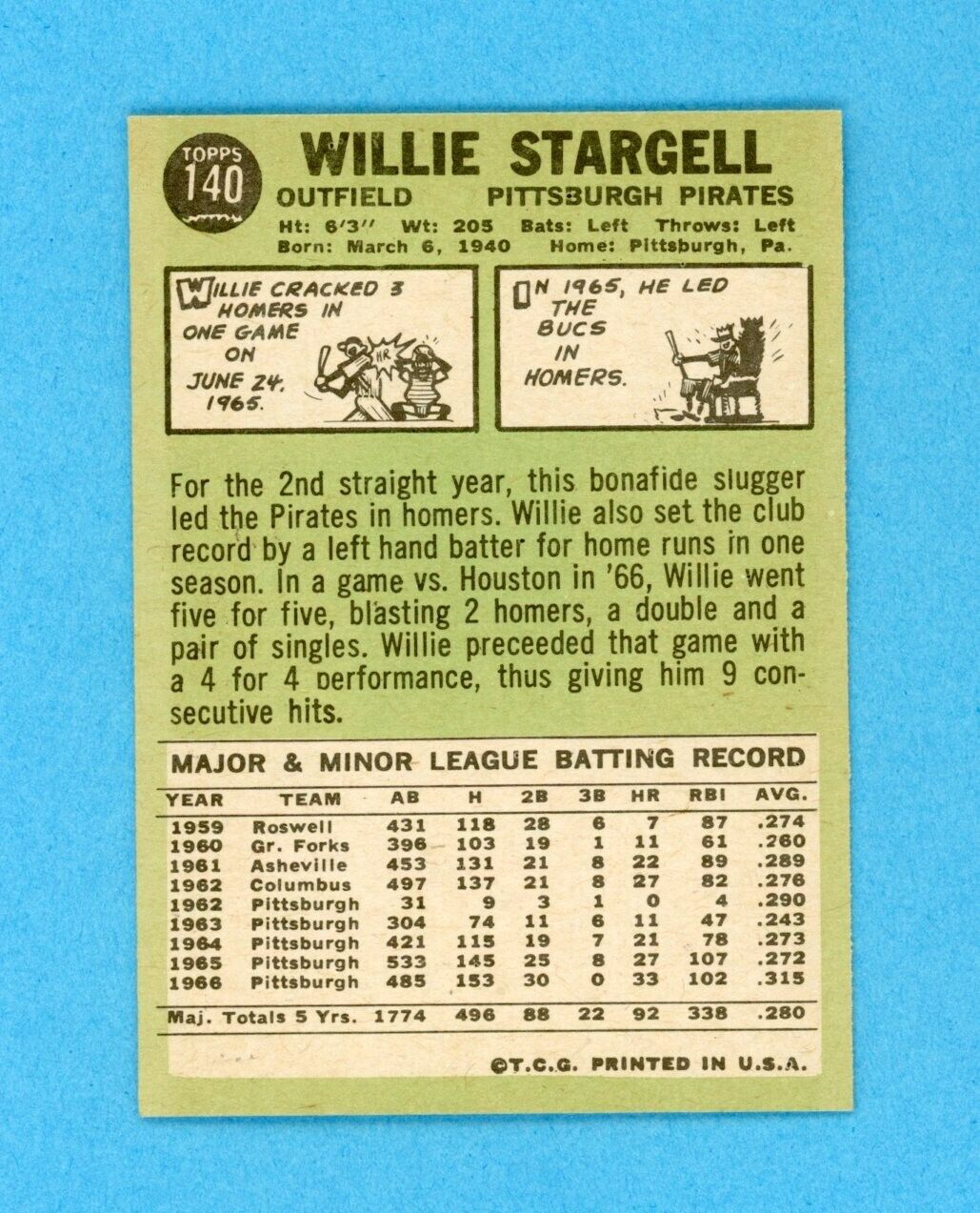 1967 Topps #140 Willie Stargell Pittsburgh Pirates Baseball Card Ex/Mt - NM o/c