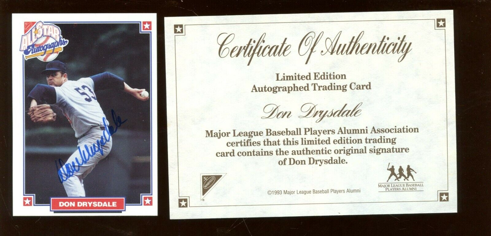 1993 Nabisco Baseball Card Don Drysdale Autographed NRMT With Nabisco Cert