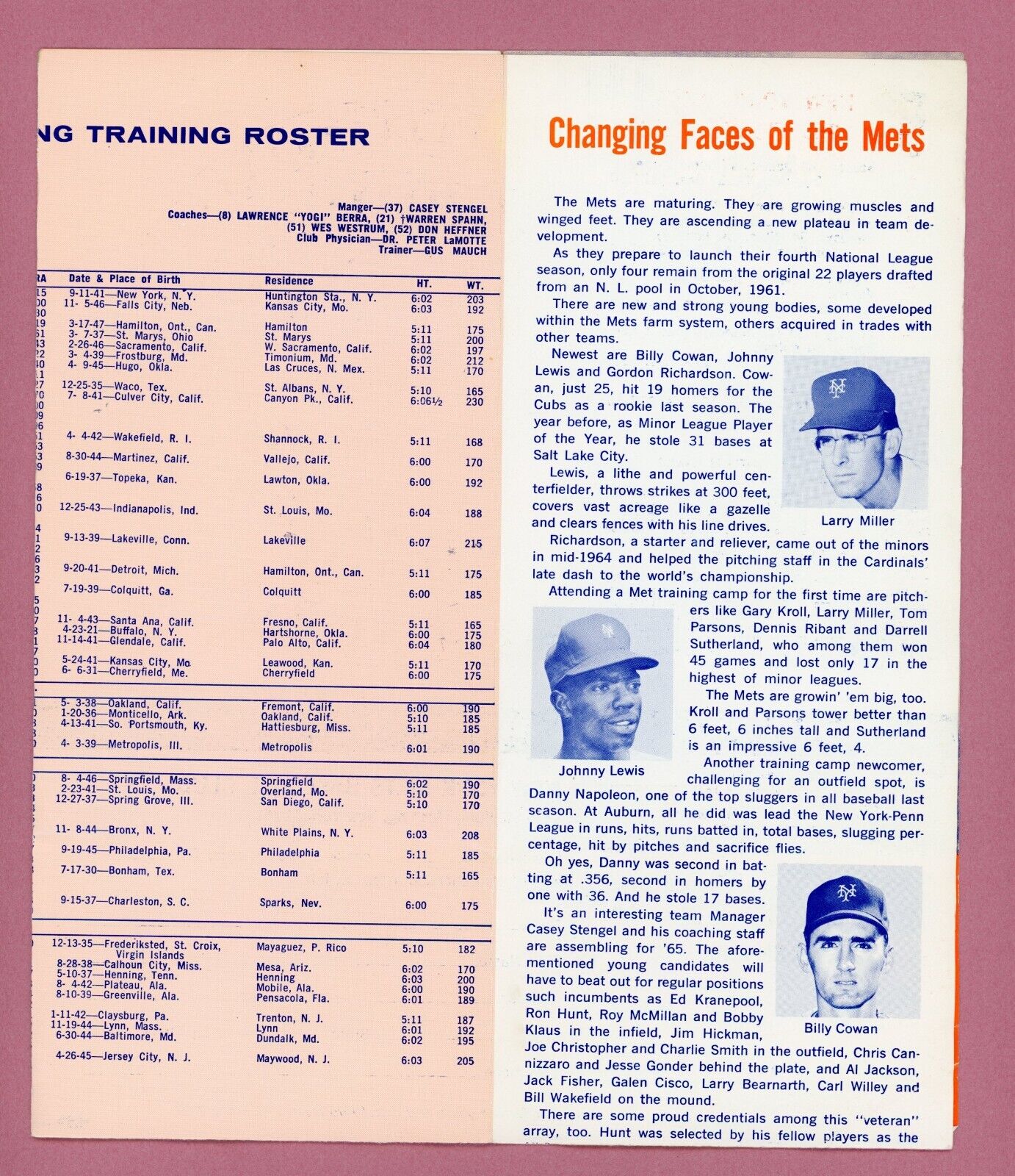 1965 New York Mets Spring Training Roster, New Faces & Ticket Infor Fold Out