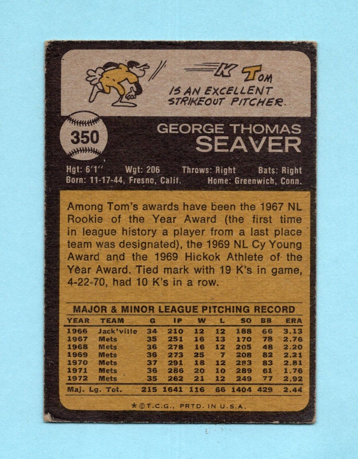 1973 Topps #350 Tom Seaver New York Mets Baseball Card Vg/Ex app str/wrk