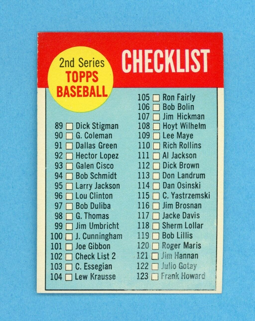 1963 Topps #102 2nd Series Checklist Baseball Card NM unchecked