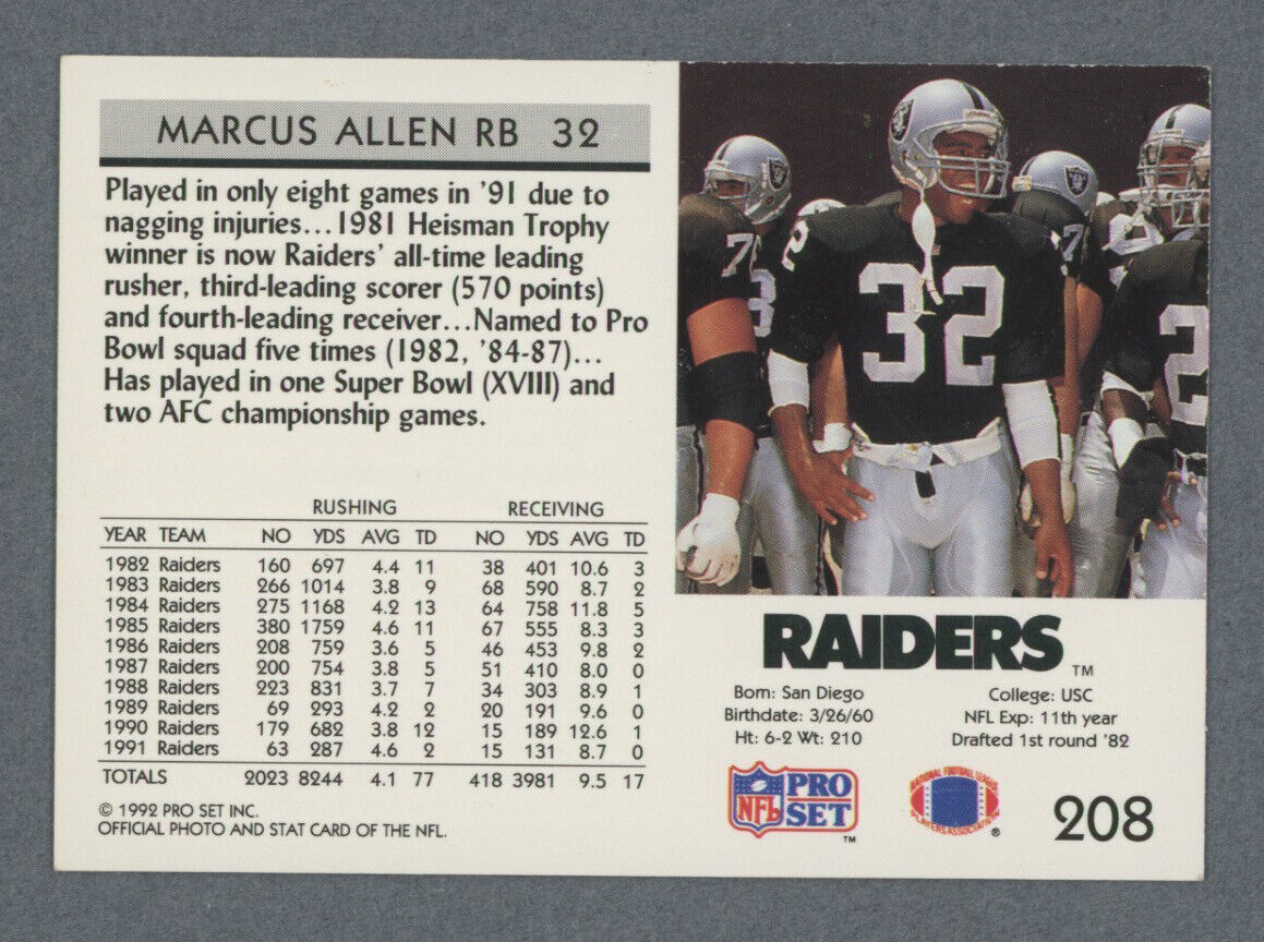 Marcus Allen Raiders Signed 1992 Pro Set Card #208 Auto w B&E Hologram