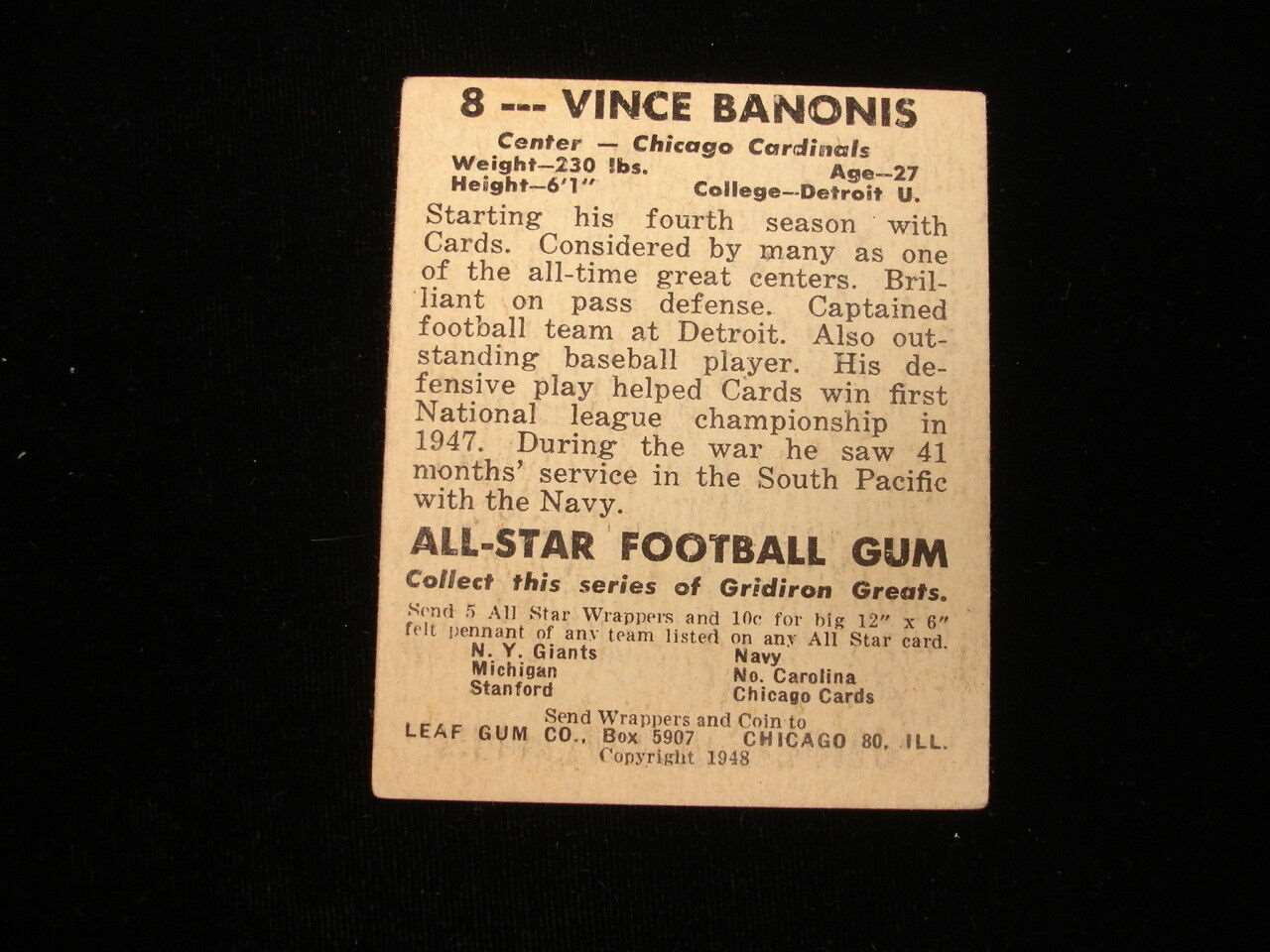 1948 Leaf #8 Vince Banonis Chicago Cardinals Card - VG-EX, Print Markings