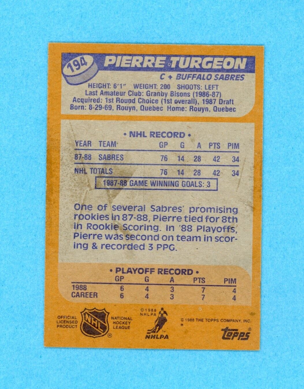 Pierre Turgeon Buffalo Sabres 1988-89 Topps #194 Autographed Rookie Hockey Card