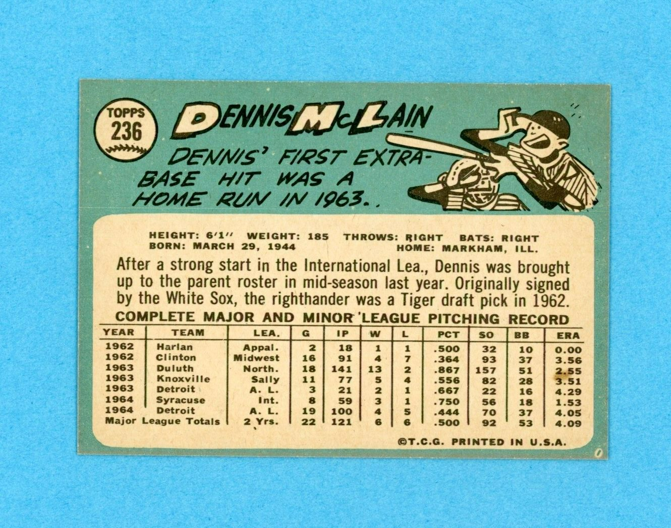 1965 Topps #236 Denny McLain Detroit Tigers Rookie Baseball Card NM stain