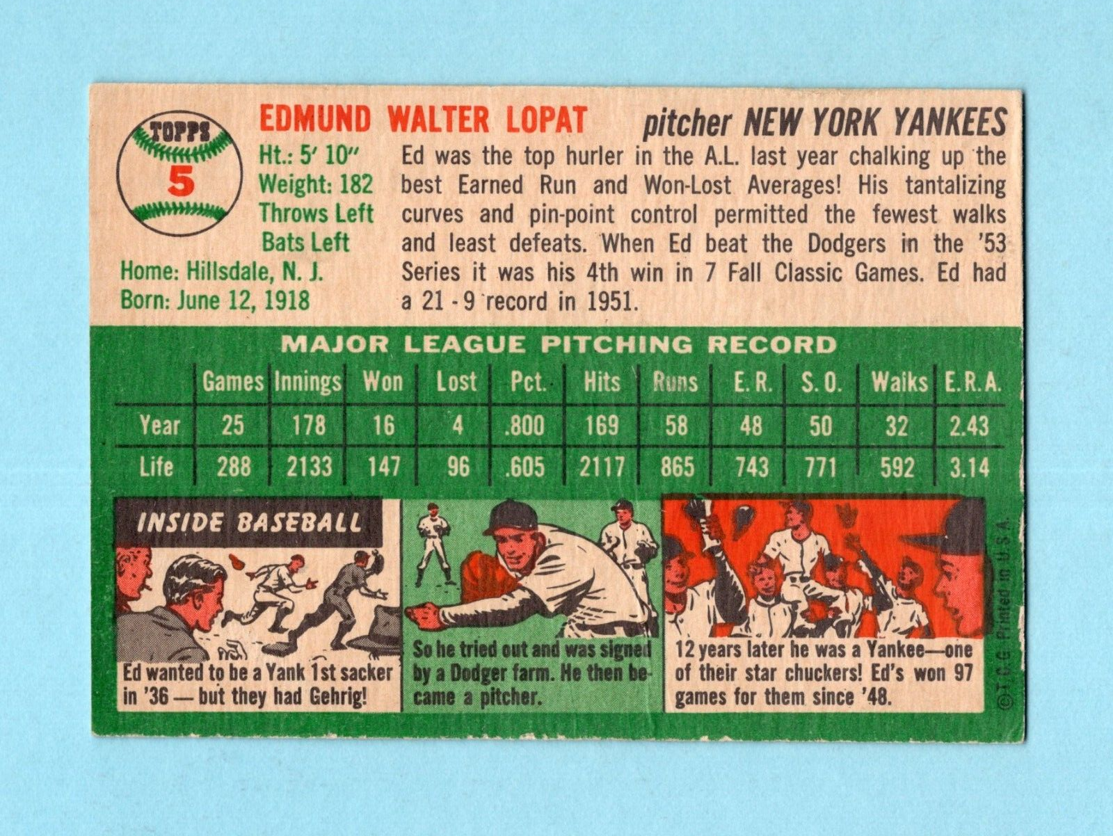 1954 Topps #5 Ed Lopat New York Yankees Baseball Card E/M - NM ap lt wrk/cres ls