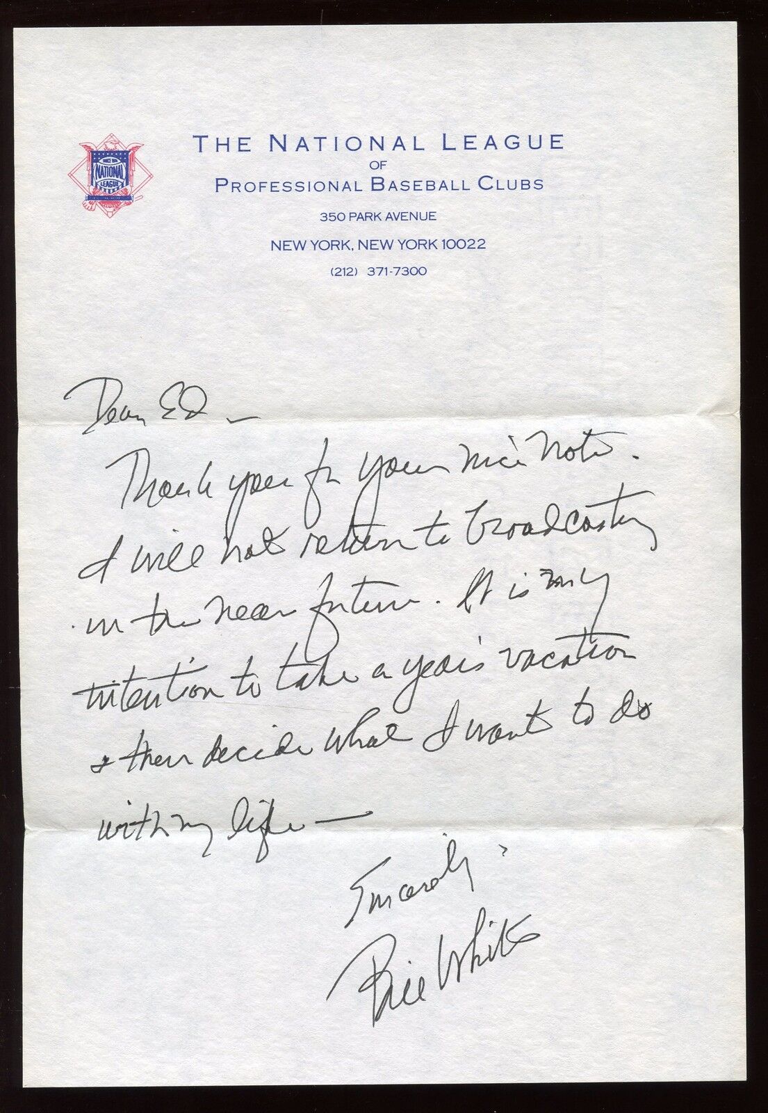 Bill White Signed Letter on National League Letterhead Hologram