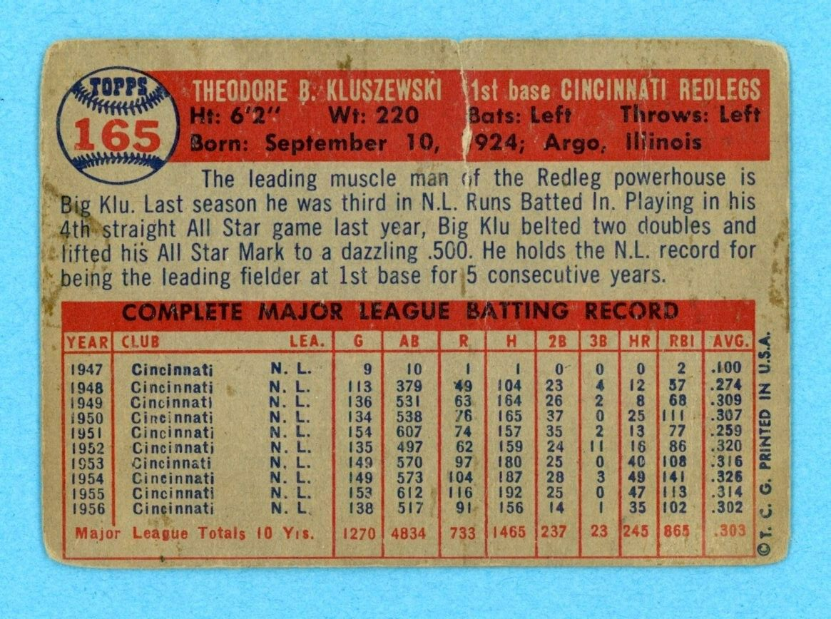 1957 Topps #165 Ted Kluszewski Cincinnati Reds Baseball Card Low Grade