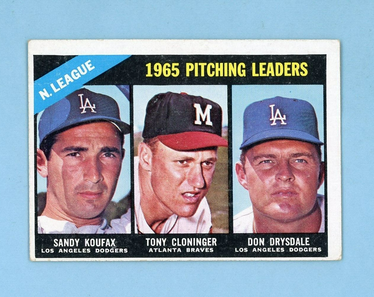 1966 Topps #223 1965 NL Pitching Leaders Sandy Koufax Baseball Card EX oc sm wks