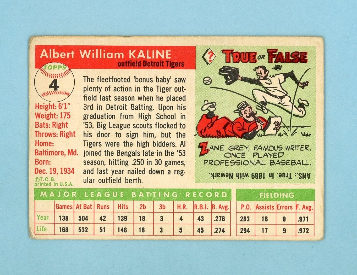 1955 Topps #4 Al Kaline Detroit Tigers Baseball Card Low Grade