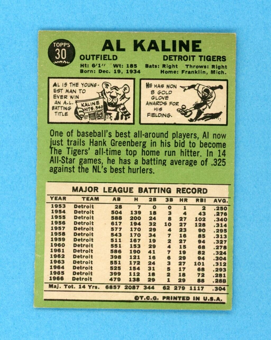 1967 Topps #30 Al Kaline Detroit Tigers Baseball Card Ex/Ex+