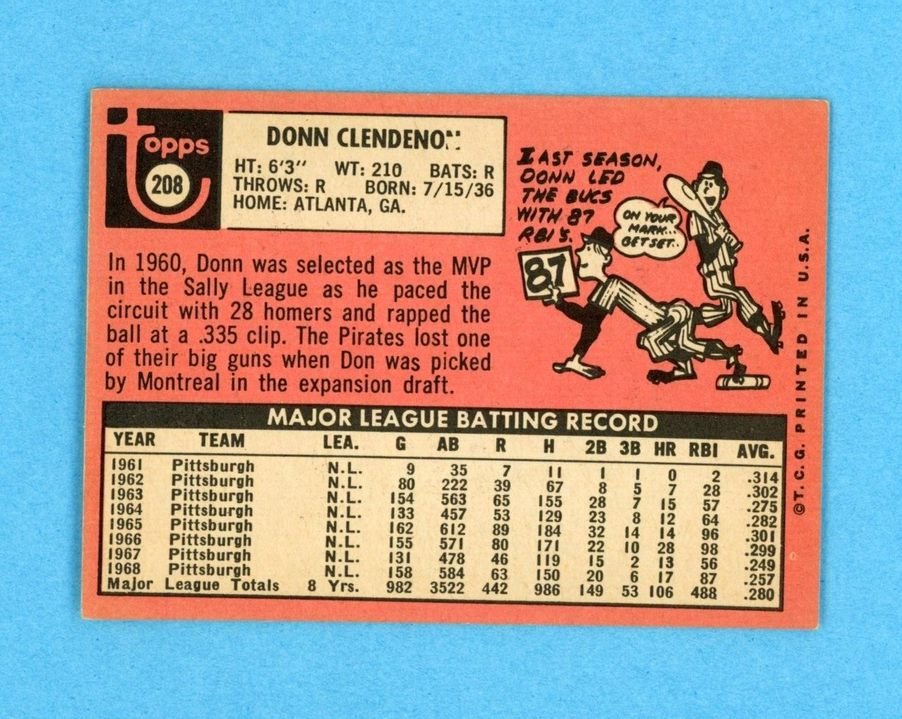 1969 Topps #208 Donn Clendenon Montreal Expos Baseball Card EX+ - Ex/Mt