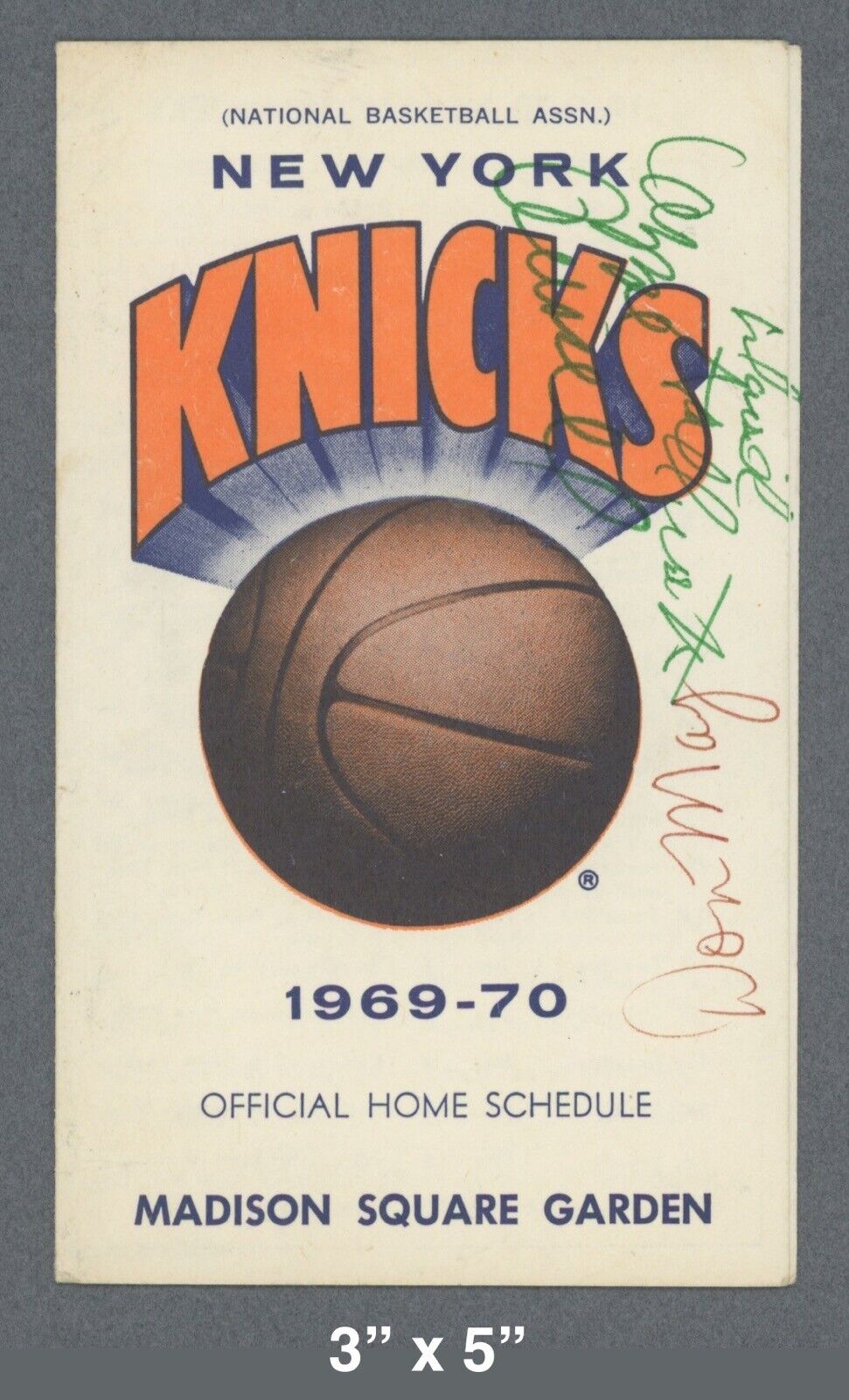 1969-70 Knicks Schedule Signed by Russell, Stallworth, & May Auto w B&E Hologram