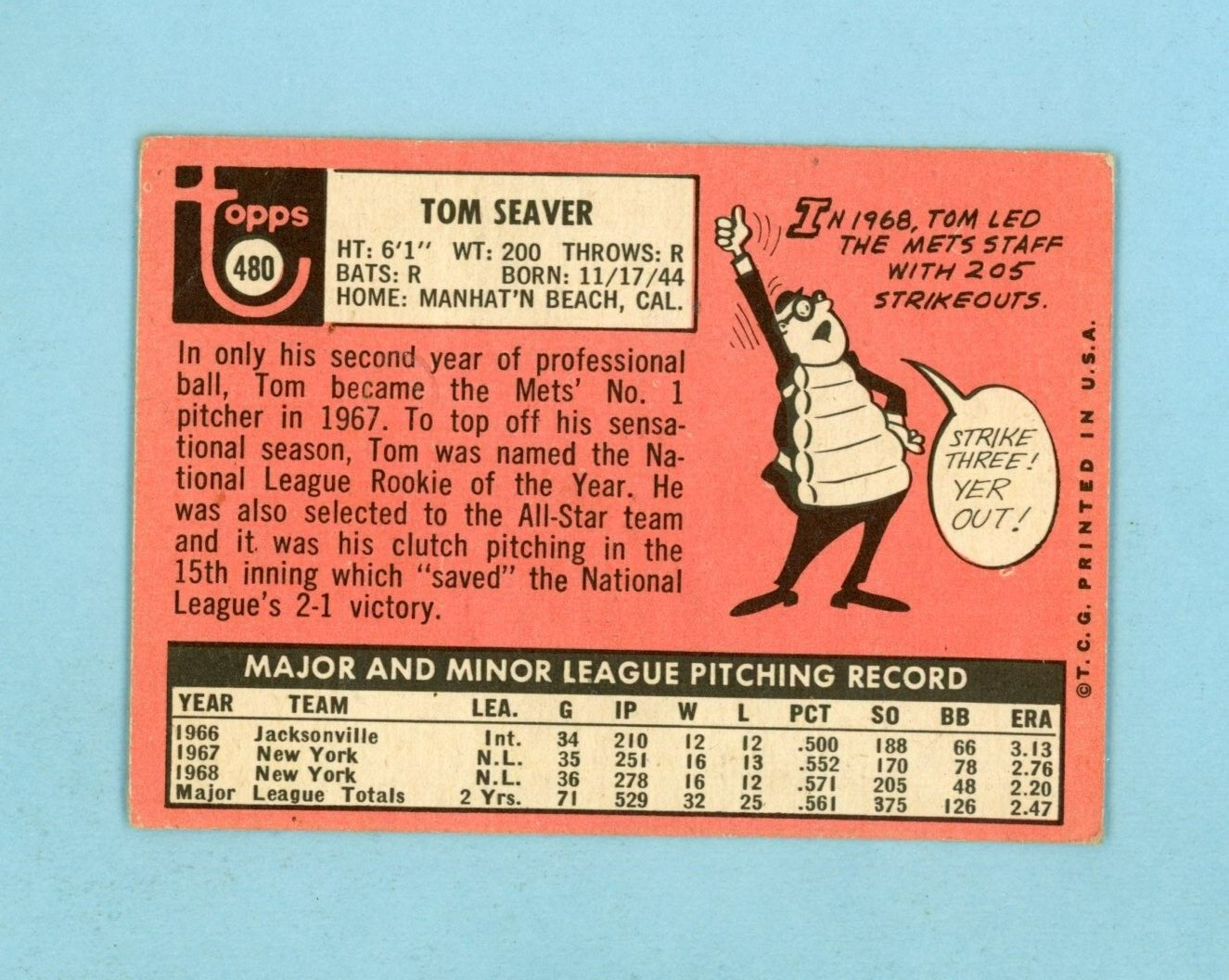 1969 Topps #480 Tom Seaver New York Mets Baseball Card Low Grade