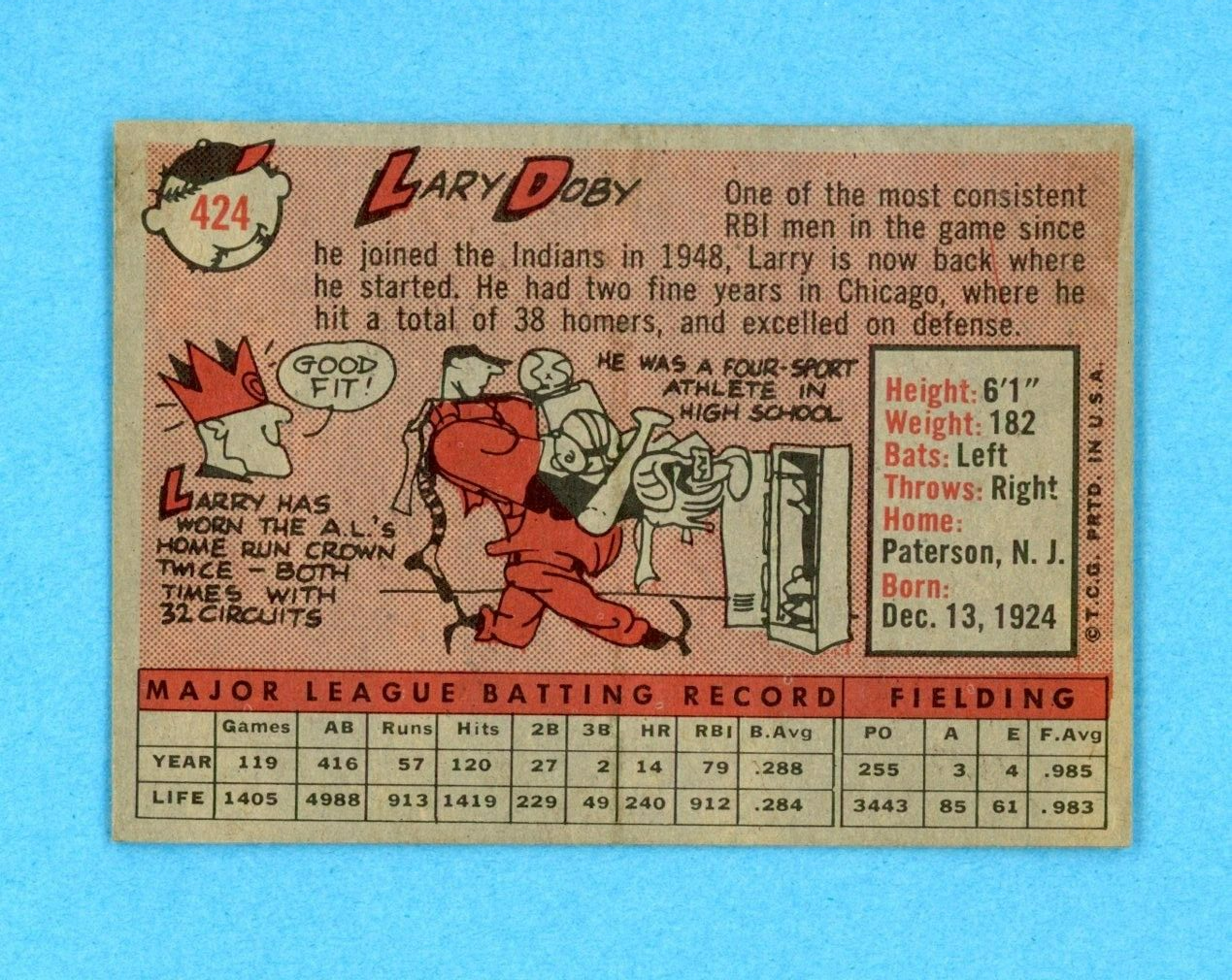 1958 Topps #424 Larry Doby Cleveland Indians Baseball Card EX+ - Ex/Mt prt ln ft