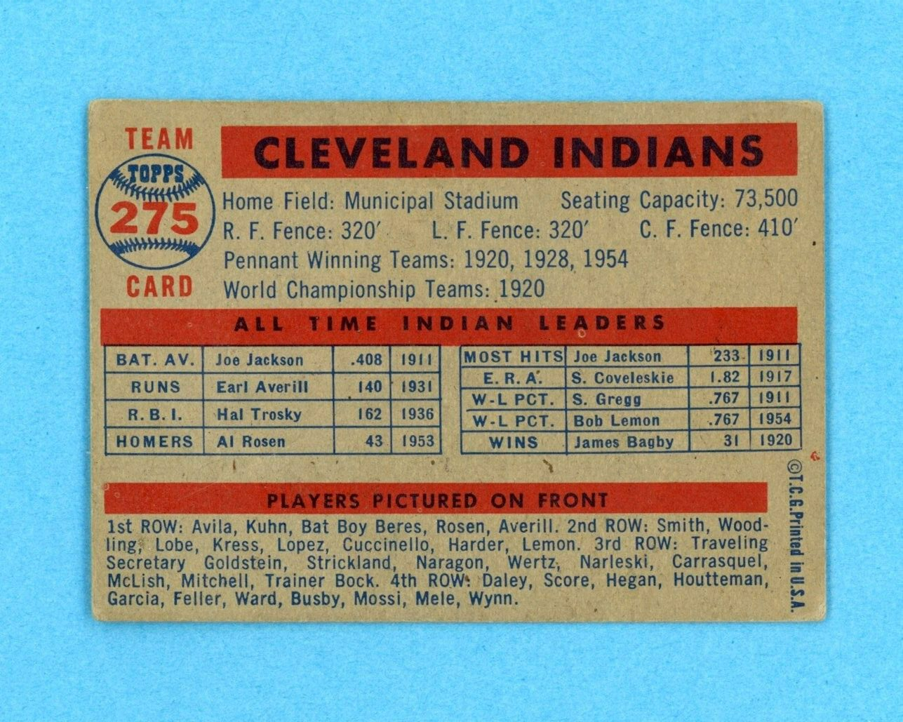 1957 Topps #275 Cleveland Indians Team Baseball Card Vg/Ex sm wrk