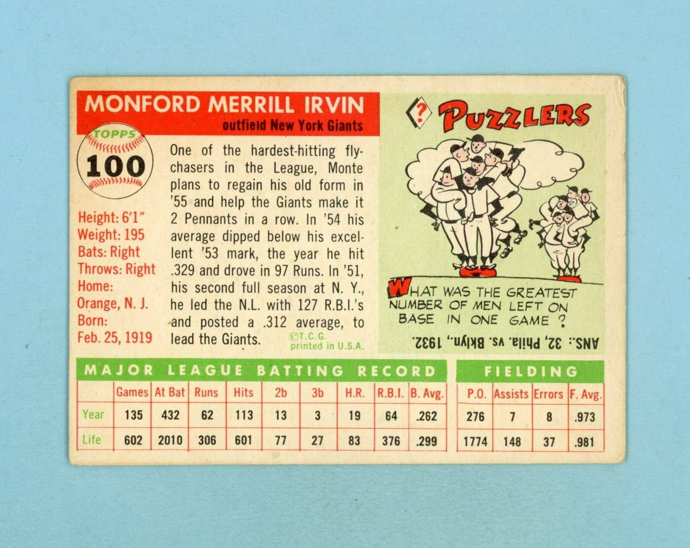 1955 Topps #100 Monte Irvin New York Giants Baseball Card Vg/Ex