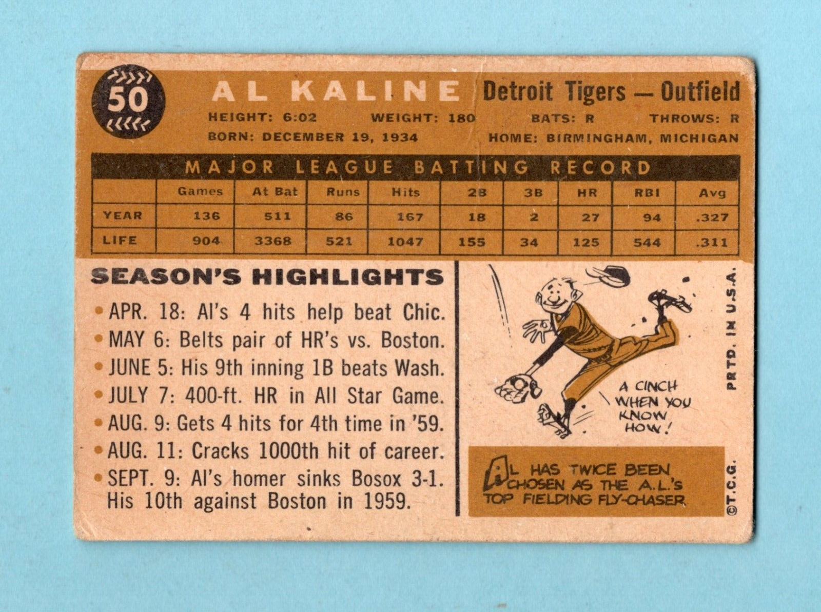 1960 Topps #50 Al Kaline Detroit Tigers Baseball Card Low Grade