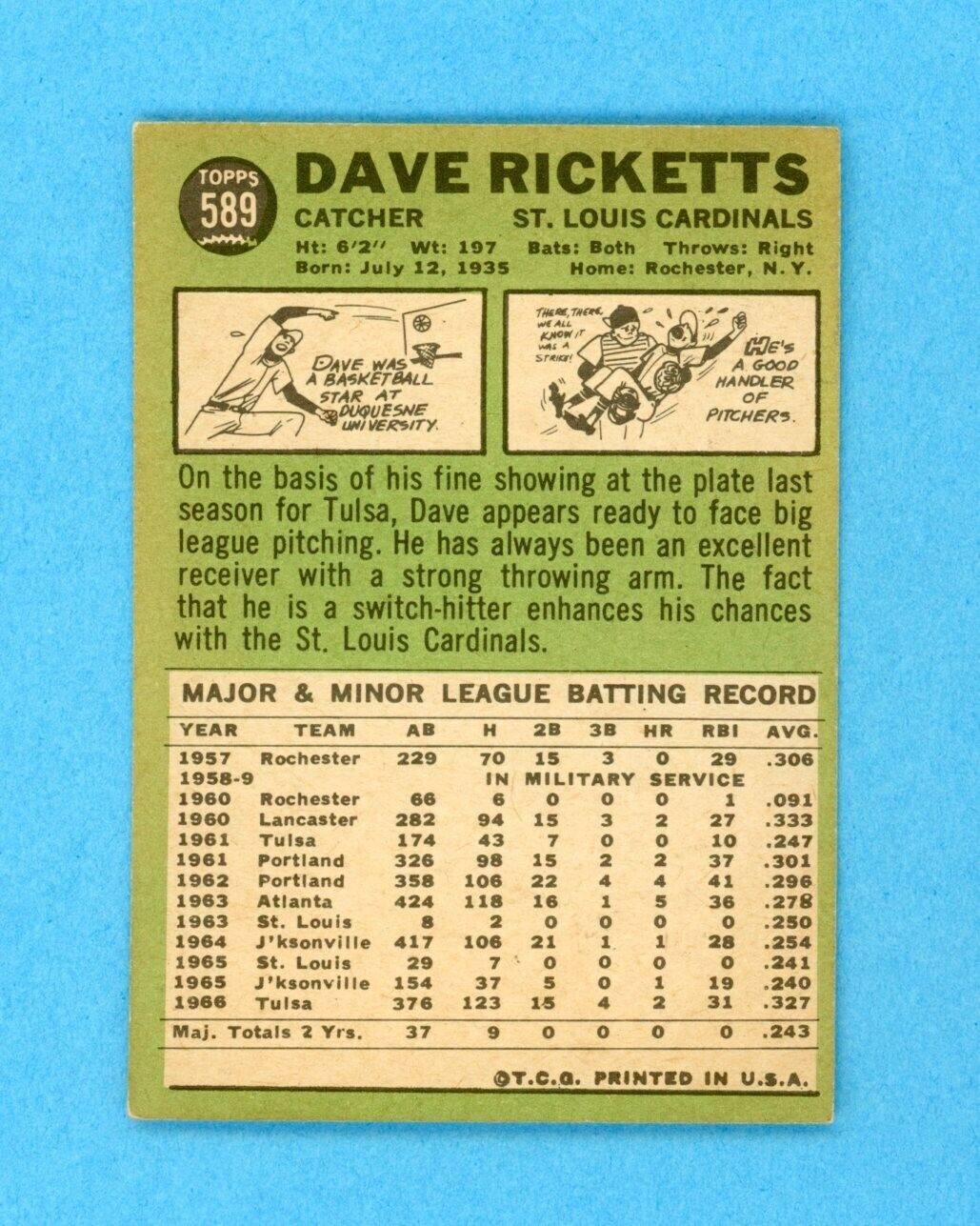 1967 Topps #589 Dave Ricketts St Louis Cardinals High Number Baseball Card E-EX+