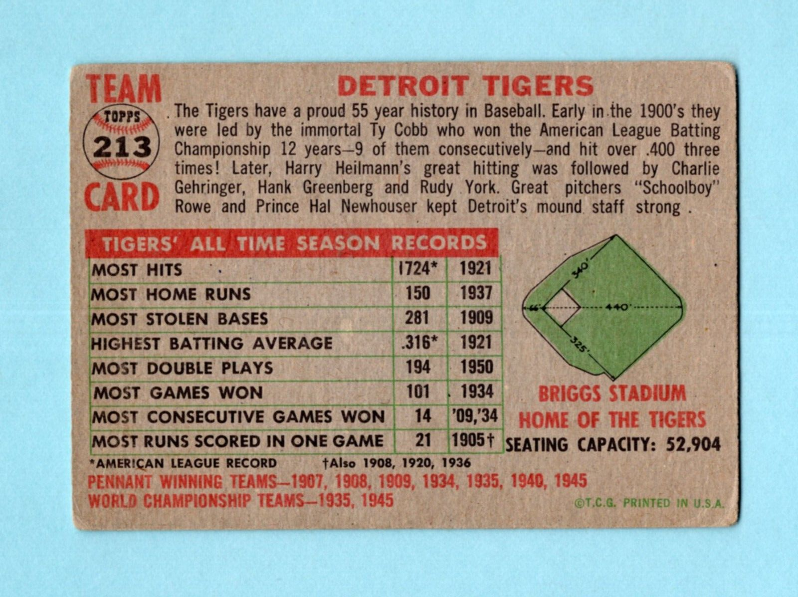 1956 Topps #213 Detroit Tigers Team Baseball Card VG