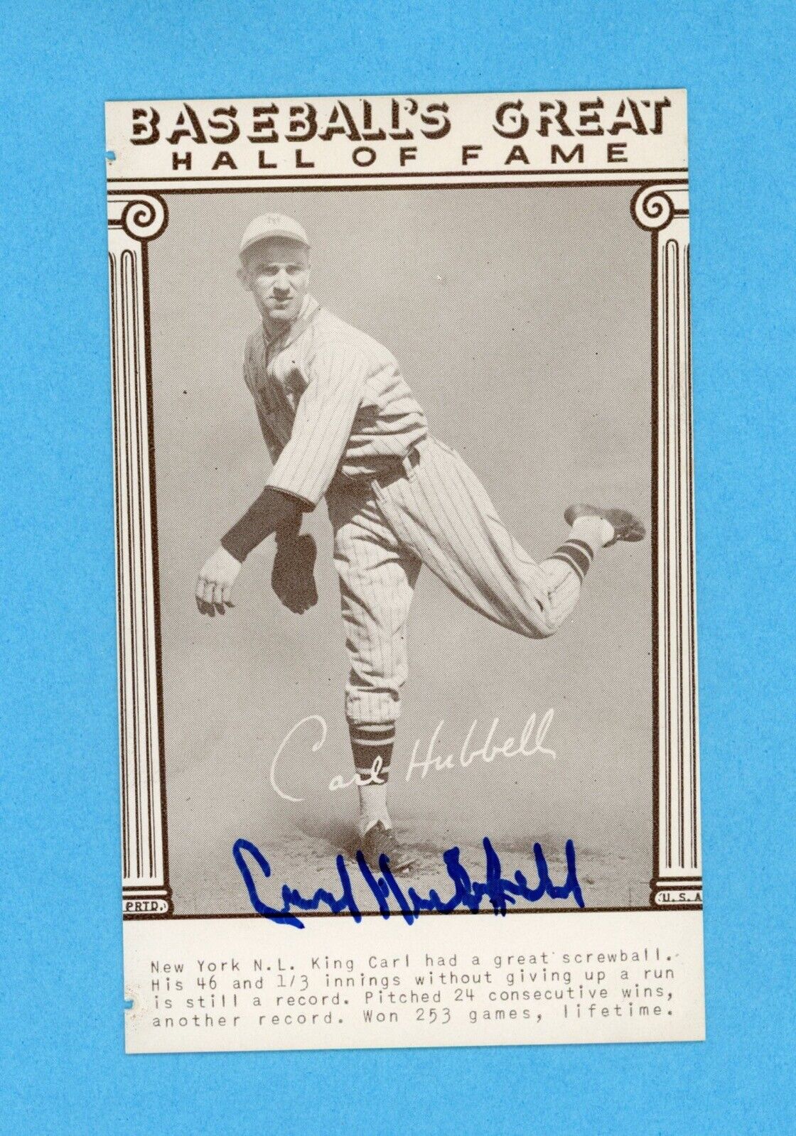 Carl Hubbell Signed Baseball's Greats HOF 3.25 x 5.25" Postcard w/ B&E Hologram