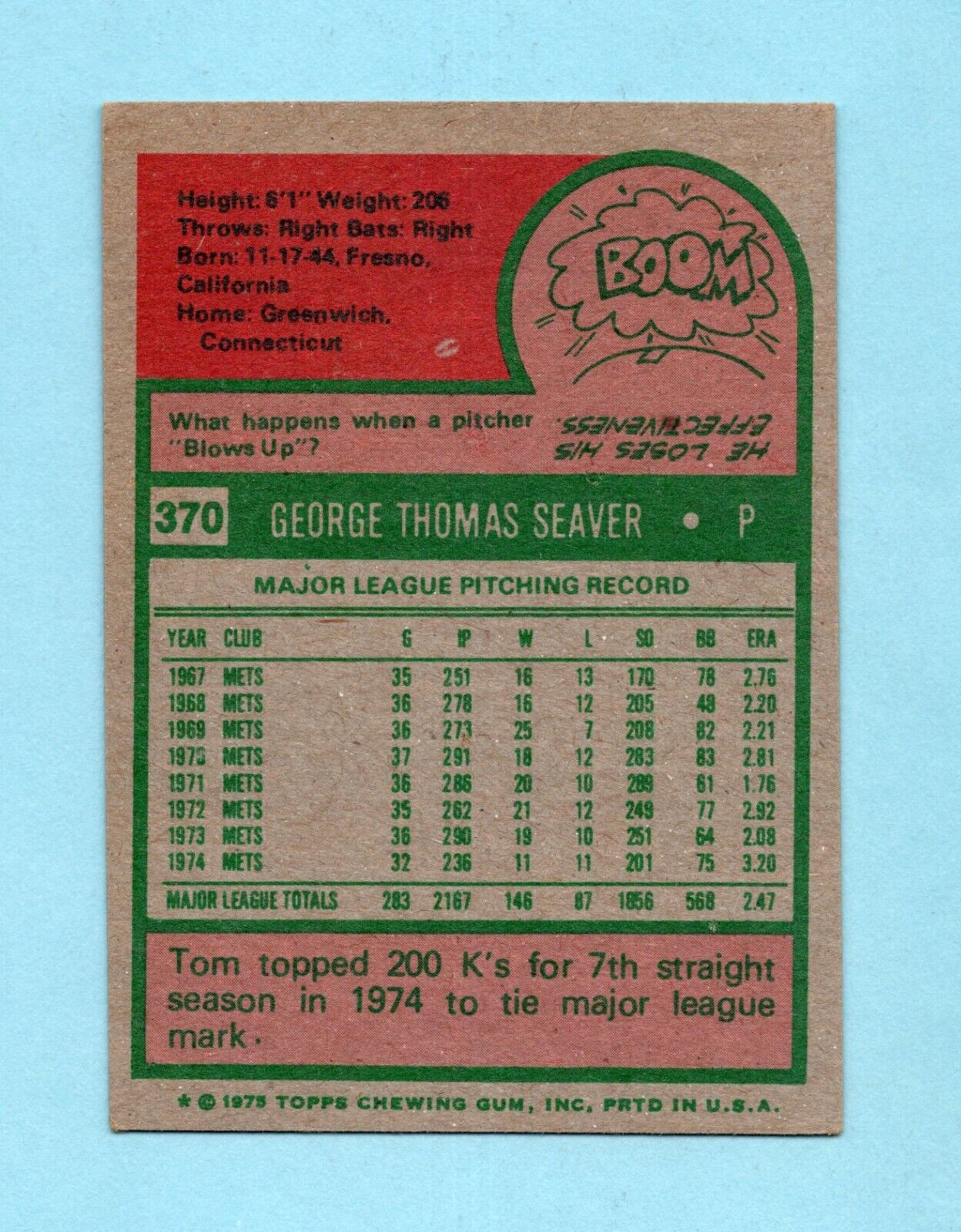 1975 Topps #370 Tom Seaver New York Mets Baseball Card EX