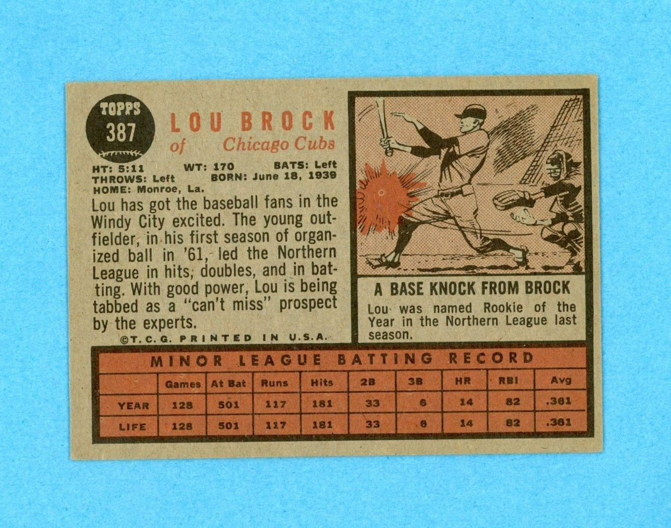 1962 Topps #387 Lou Brock Chicago Cubs Rookie Baseball Card EX