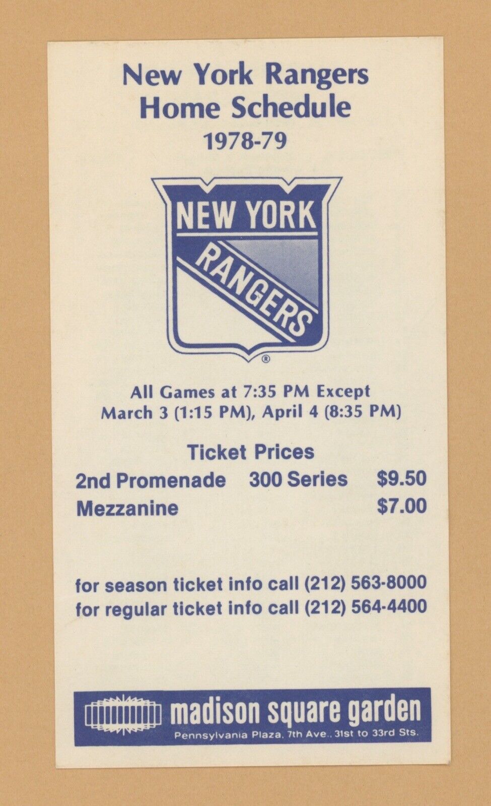 1978-79 New York Rangers Home Pocket Schedule 3"x5.5"