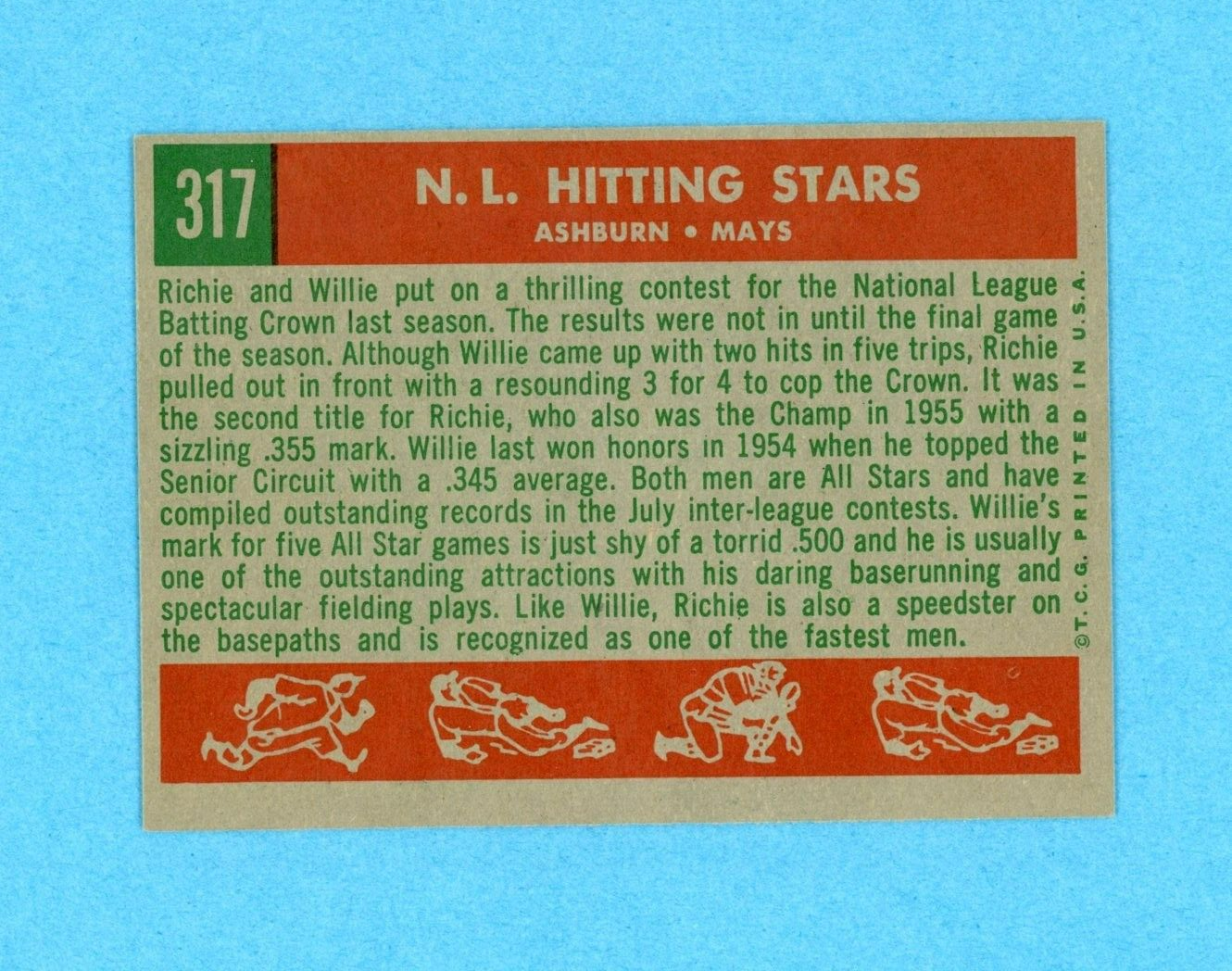 1959 Topps #317 Richie Ashburn - Willie Mays Baseball Card Ex/Mt-NM lpms