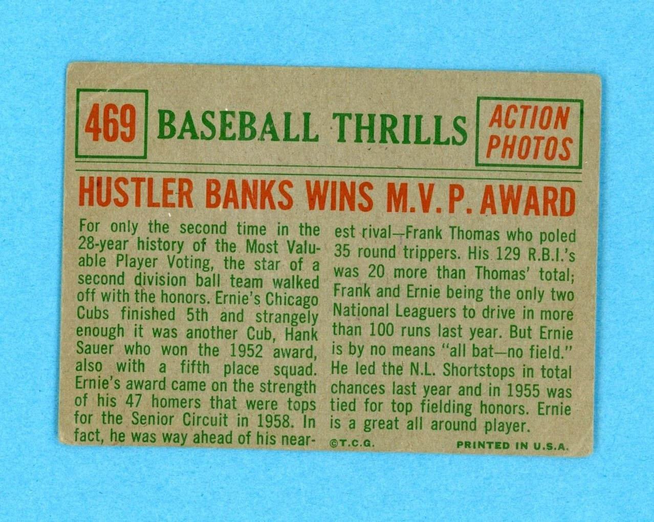 1959 Topps #469 Baseball Thrills Ernie Banks Cubs Baseball Card Low Grade