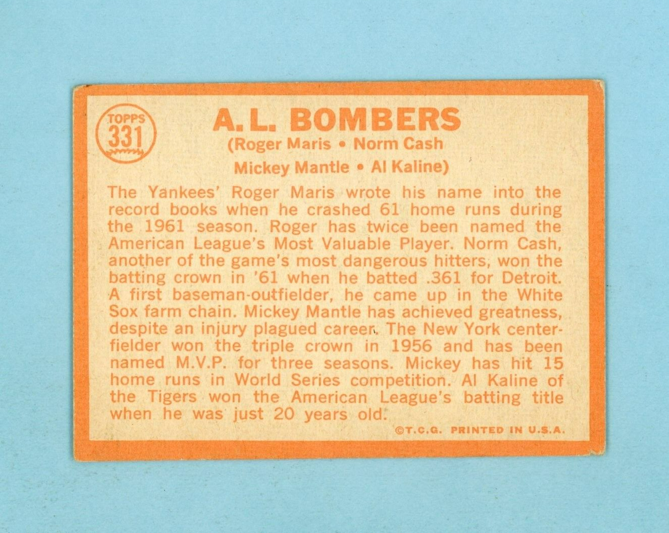 1964 Topps #331 A. L. Bombers Mantle, Maris, Cash, Kaline Baseball Card V/E-EX