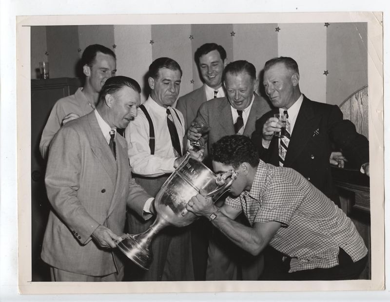 Original Phil Rizzuto Drinking From Trophy Wire Photo