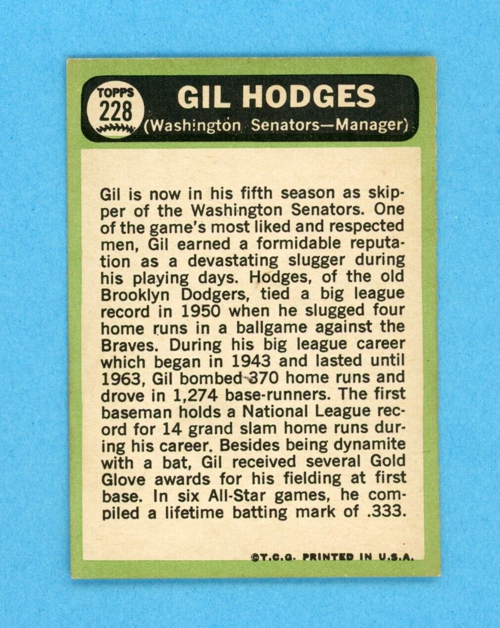 1967 Topps #228 Gil Hodges Washington Senators Baseball Card EX+ - EX++