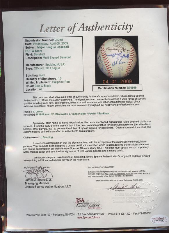 All Stars Signed Baseball 13 Signatures JSA LOA