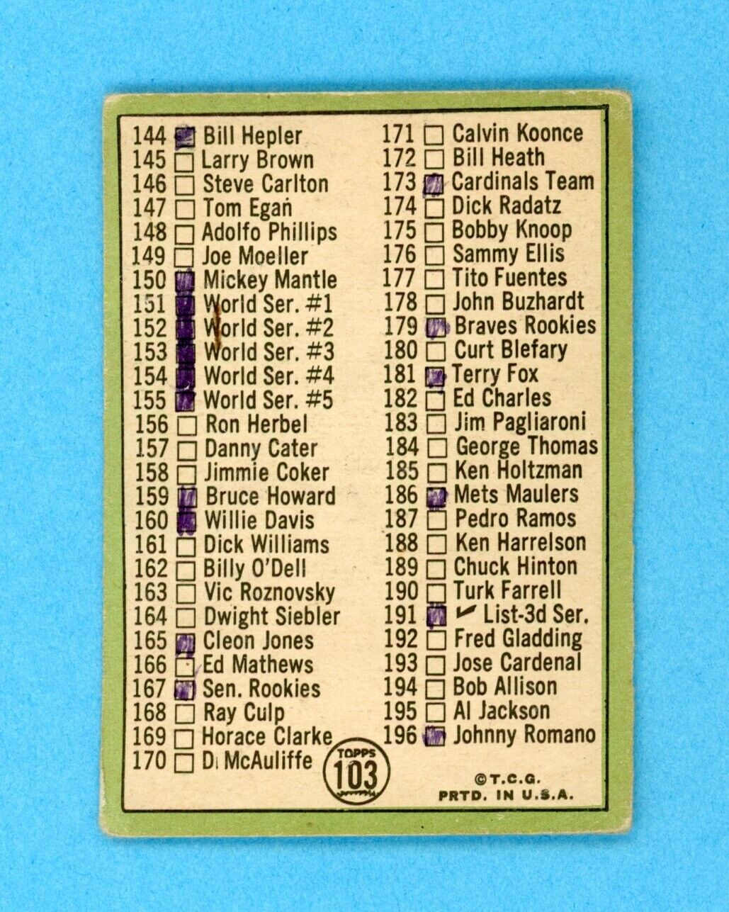 1967 Topps #103 2nd Series Check List Mickey Mantle Baseball Card Low Grade