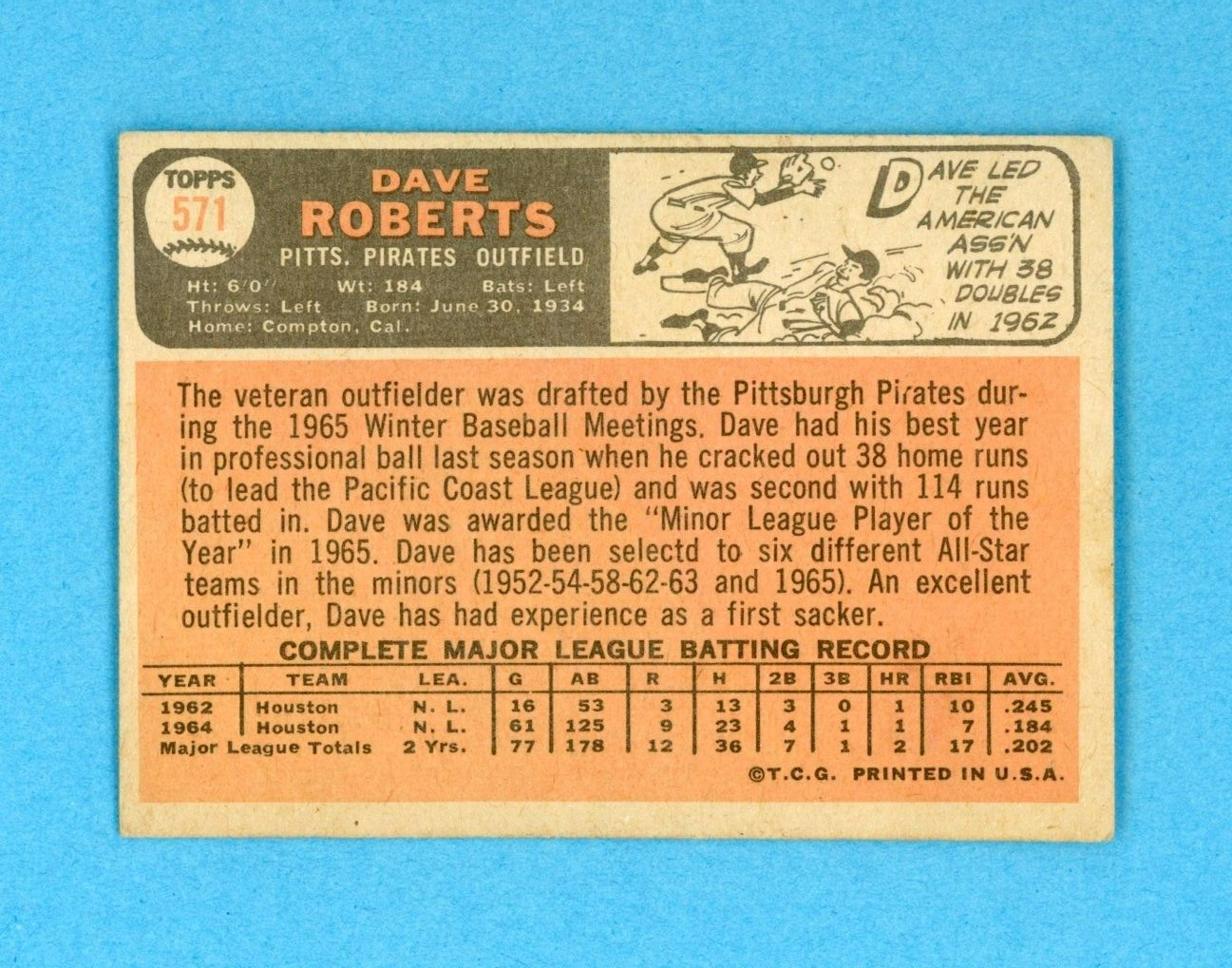 1966 Topps #571 Dave Roberts Pittsburgh Pirates Baseball Card EX o/c