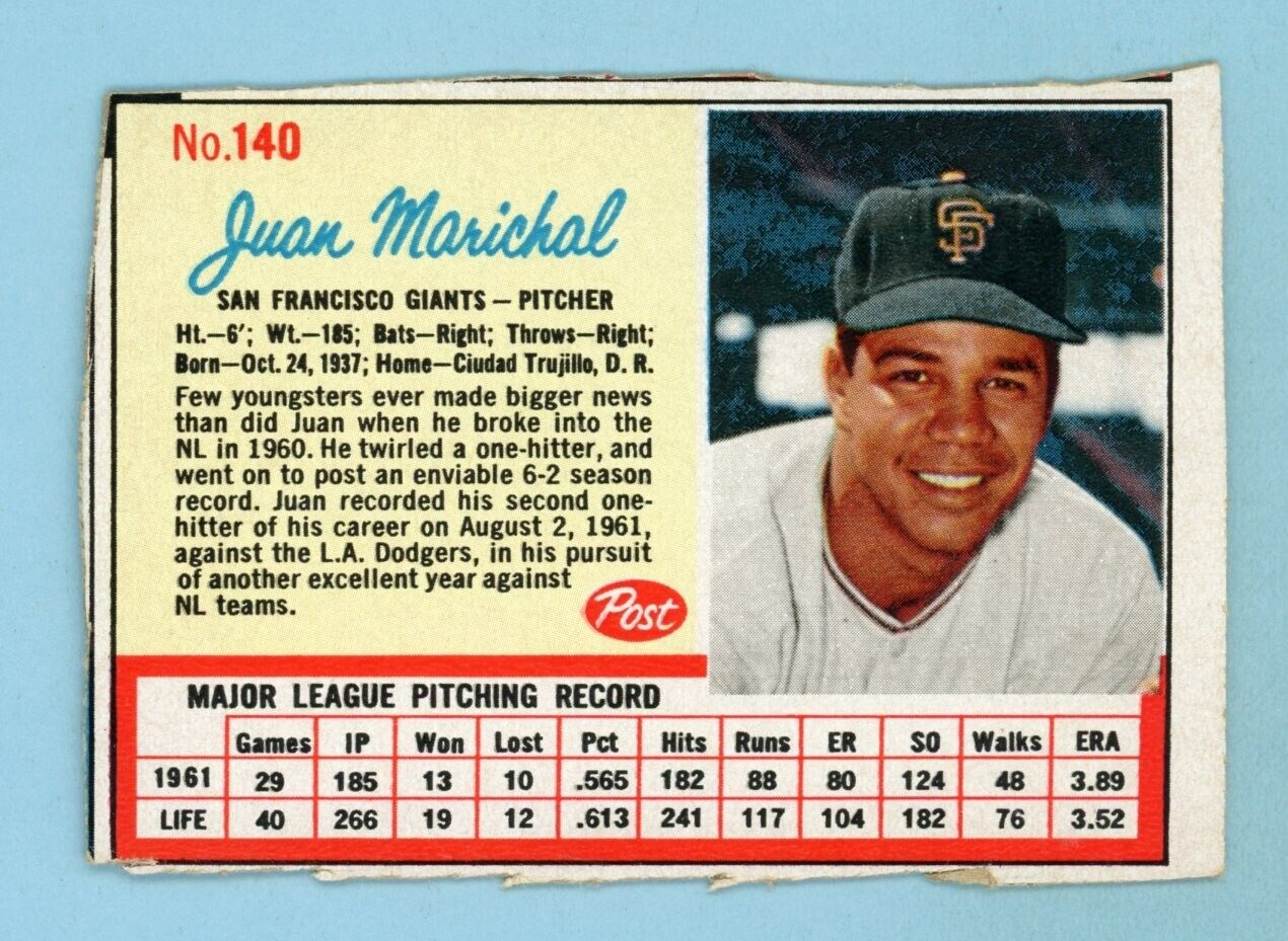 1962 Post Cereal #140 Juan Marichal San Francisco Giants Baseball Card bk lns