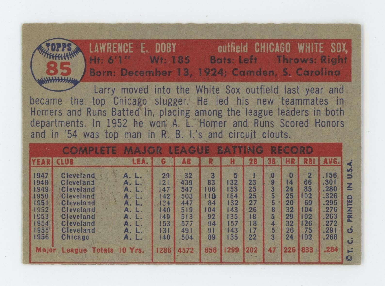 1957 Topps #85 Larry Doby Chicago White Sox Baseball Card EX