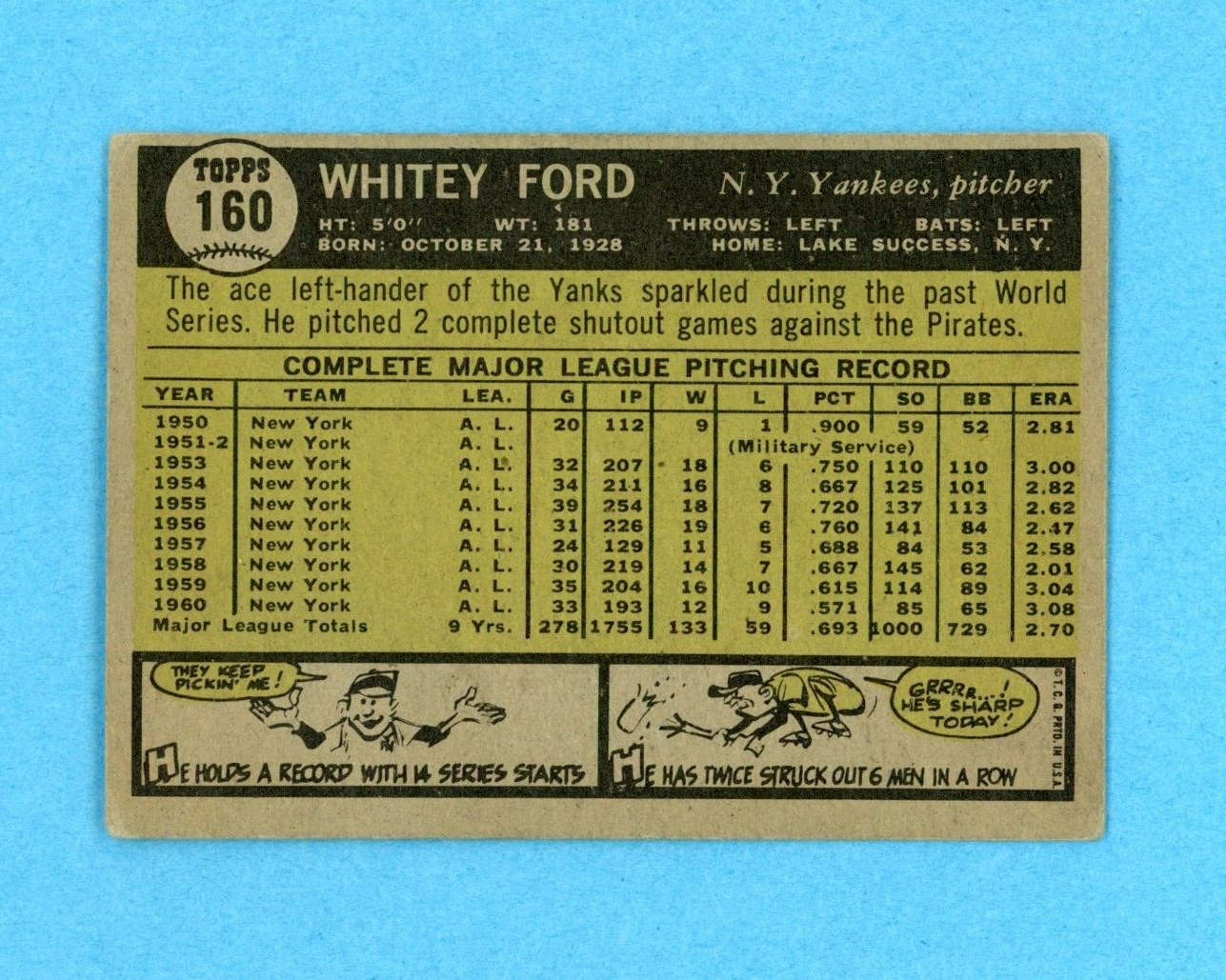 1961 Topps #160 Whitey Ford New York Yankees Baseball Card Vg/Vg+ app str w/c tp