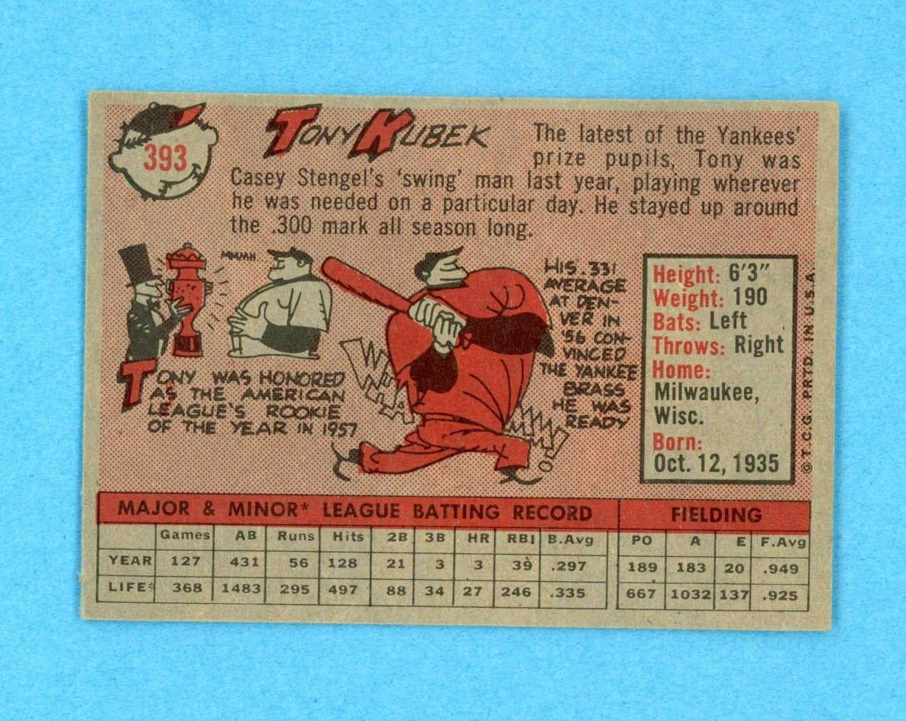 1958 Topps #393 Tony Kubek New York Yankees Baseball Card EX+