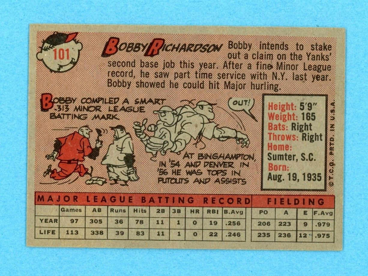 1958 Topps #101 Bobby Richardson New York Yankees Yellow Name Baseball Card EX+