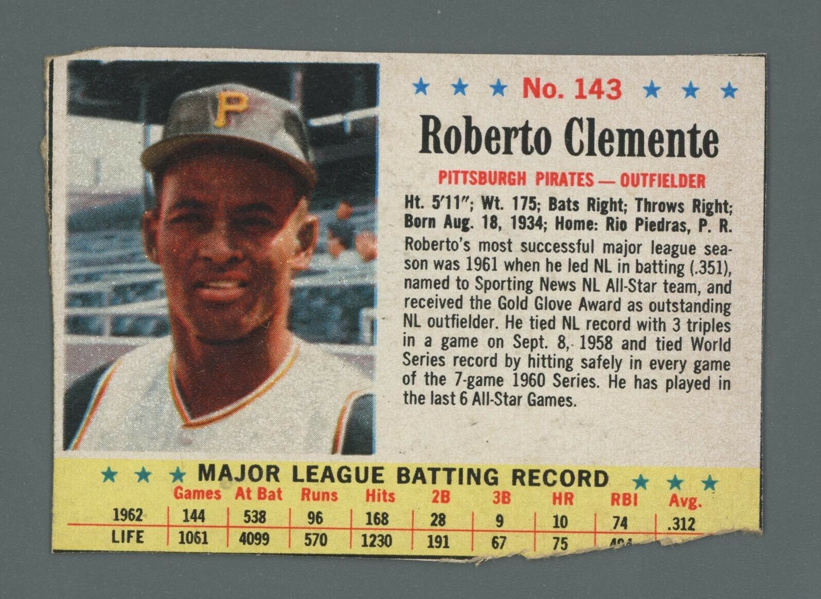 1963 Post Cereal #143 Roberto Clemente Pittsburgh Pirates Baseball Card