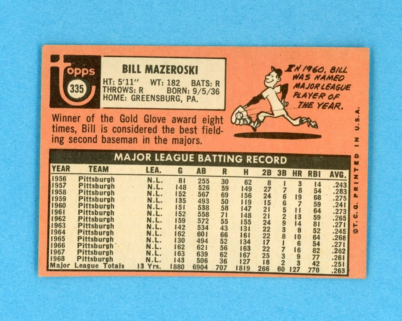 1969 Topps #335 Bill Mazeroski Pittsburgh Pirates Baseball Card EX - EX+