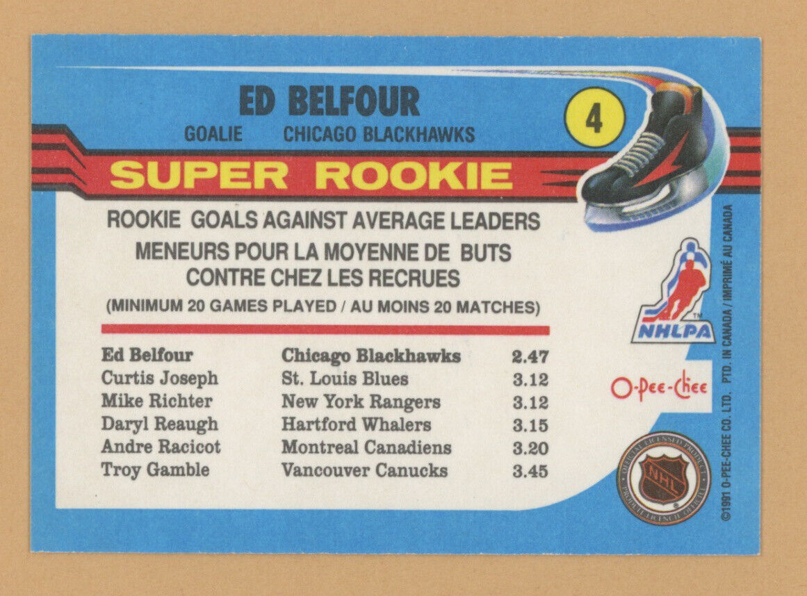 Ed Belfour Super Rookie Signed 1991 O-Pee-Chee Card #4 Auto with B&E Hologram