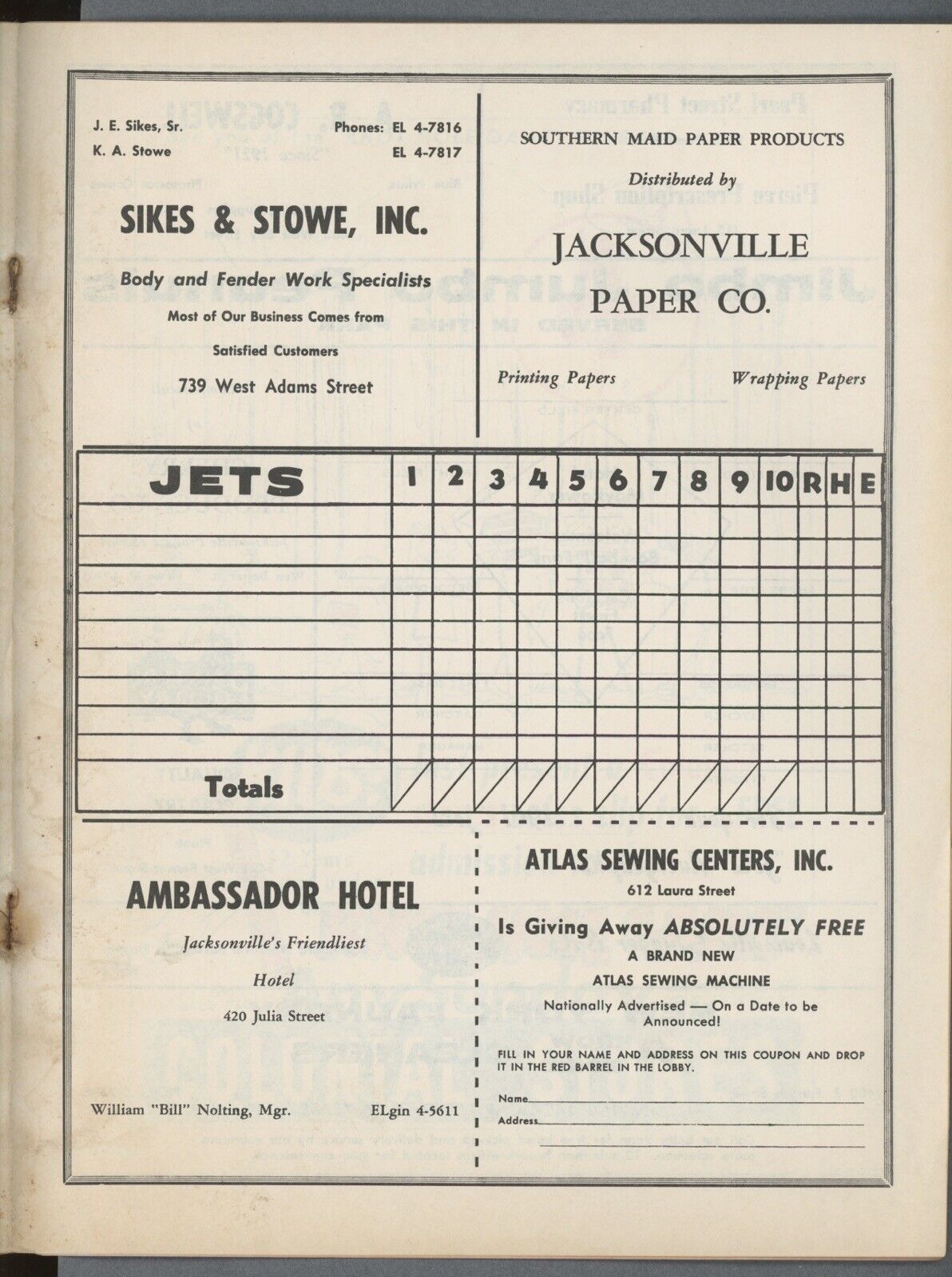 1961 Jacksonville Jets Minor League Baseball Score Book Program • Unscored