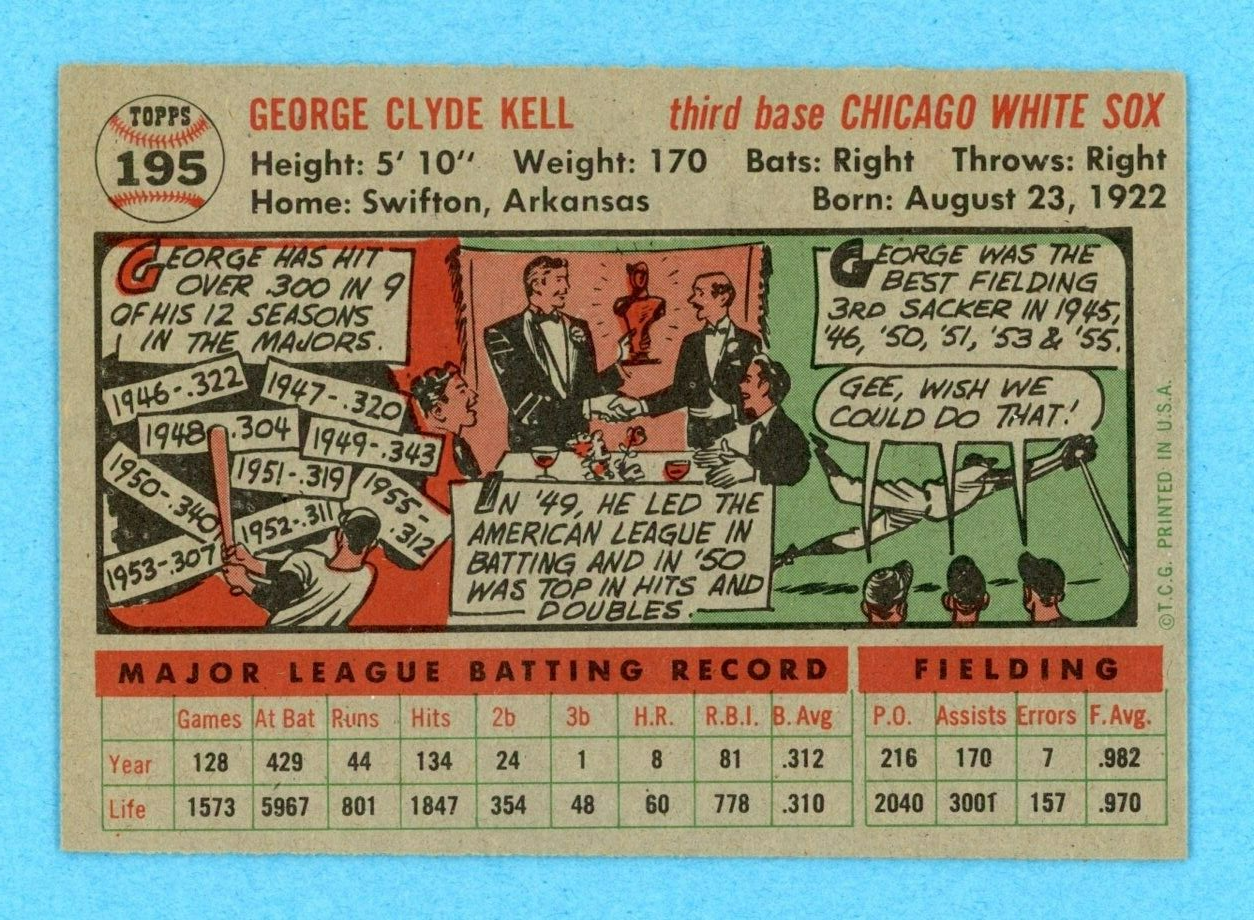 1956 Topps #195 George Kell Chicago White Sox Baseball Card EX - EX+