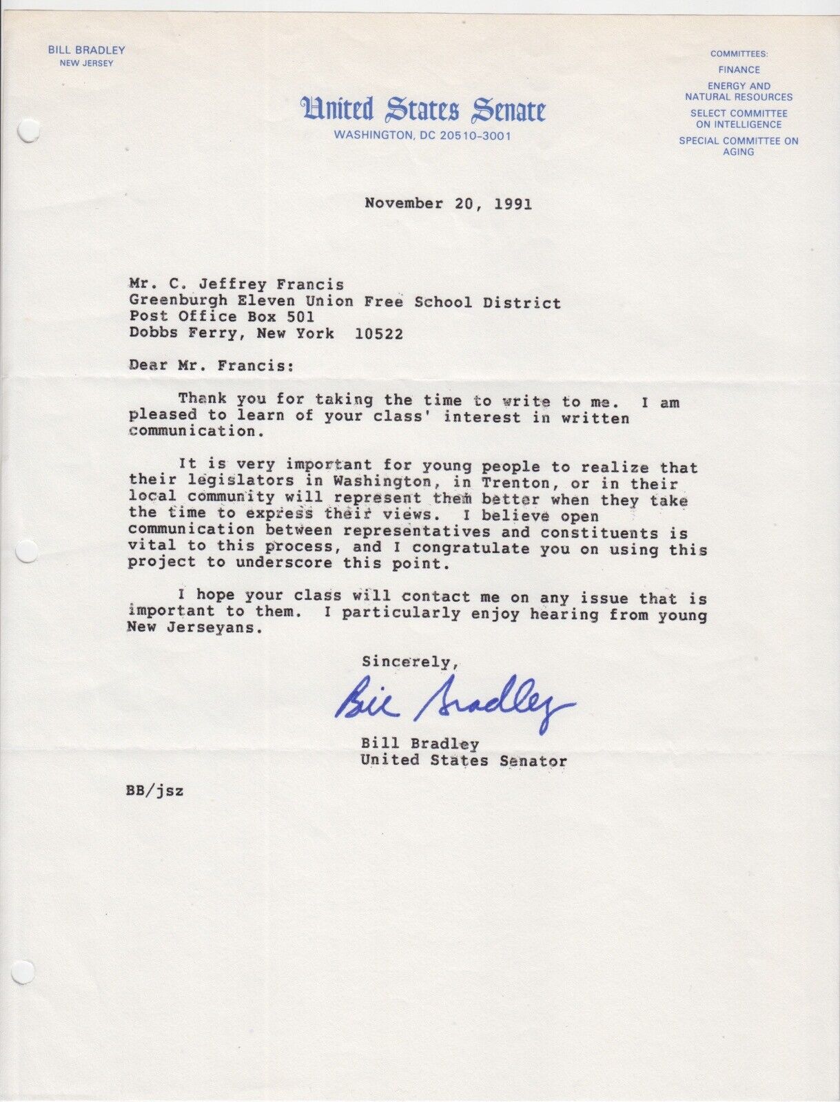 U.S. Senator Bill Bradley NBA Knicks HOFer Secretarial Signature 1991 Letter