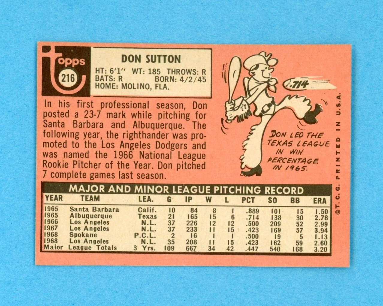 1969 Topps #216 Don Sutton Los Angeles Dodgers Baseball Card Ex/Mt o/c  sta