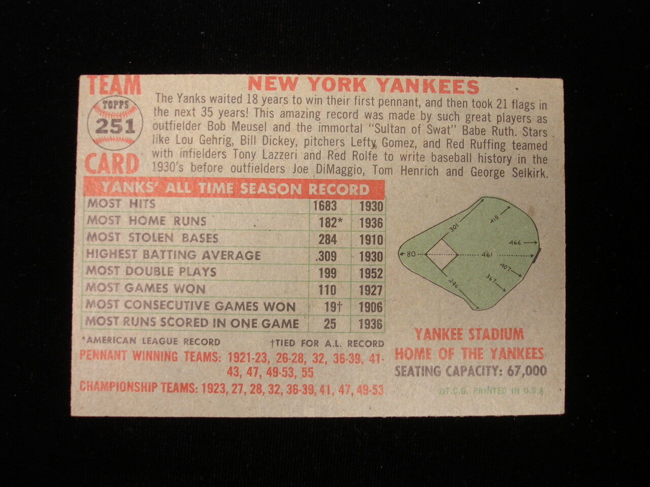 1956 Topps #251 New York Yankees Card - EX-MT OC