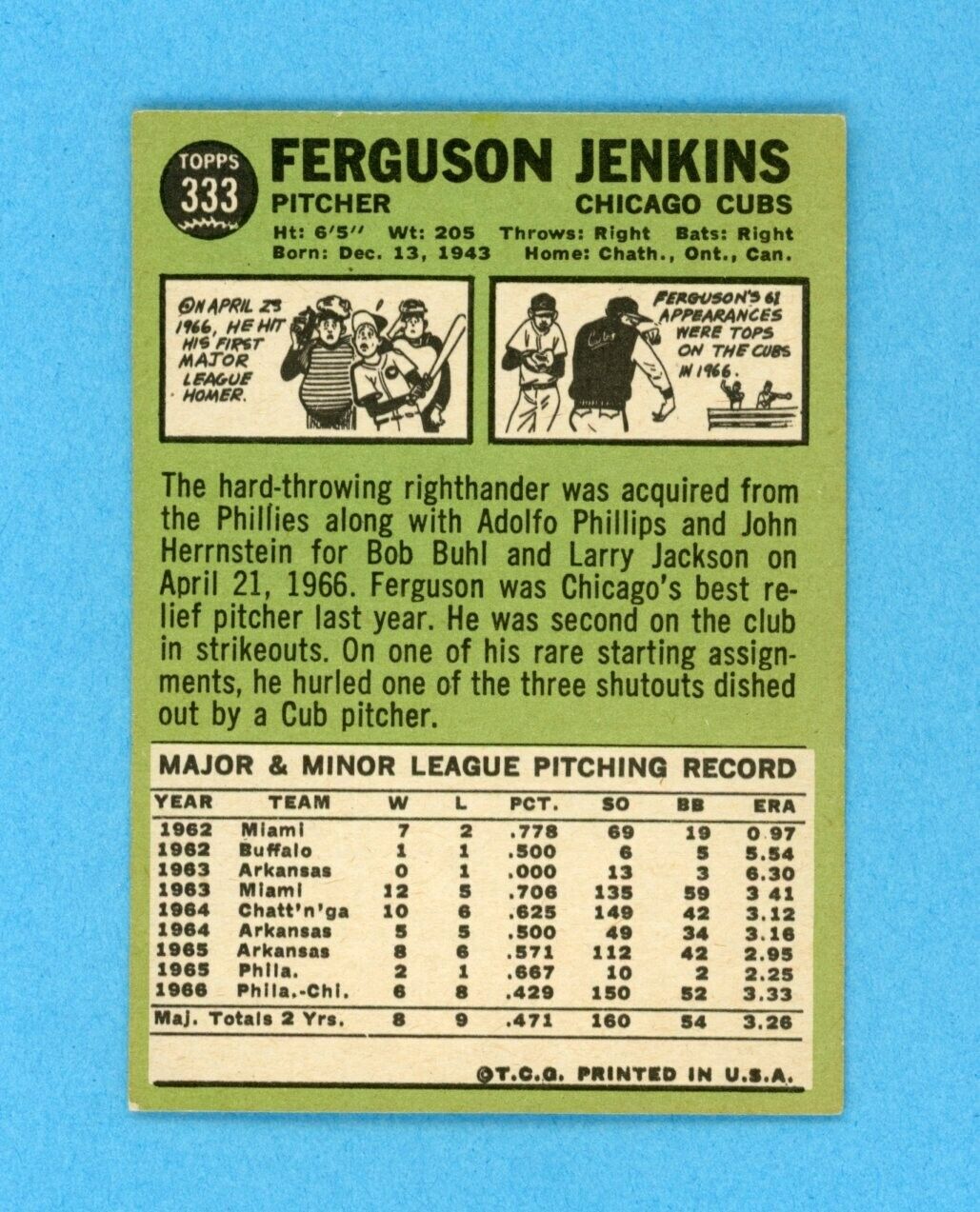 1967 Topps #333 Fergie Jenkins Chicago Cubs Baseball Card EX/EX+ wtlc